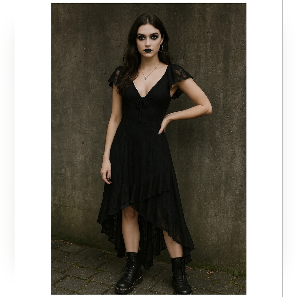 Thirty/Thirty XS Y2K Dress Black Lace Asymmetrical Flutter Sl.Goth Fairy Witchy